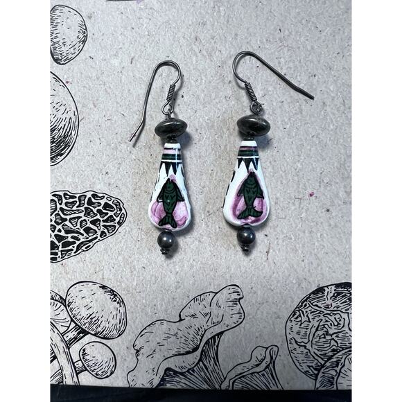 VTG 90s 925 Silver Hand Painted Fish Tribal Drop Earrings Fertility Luck Protect - Picture 1 of 9